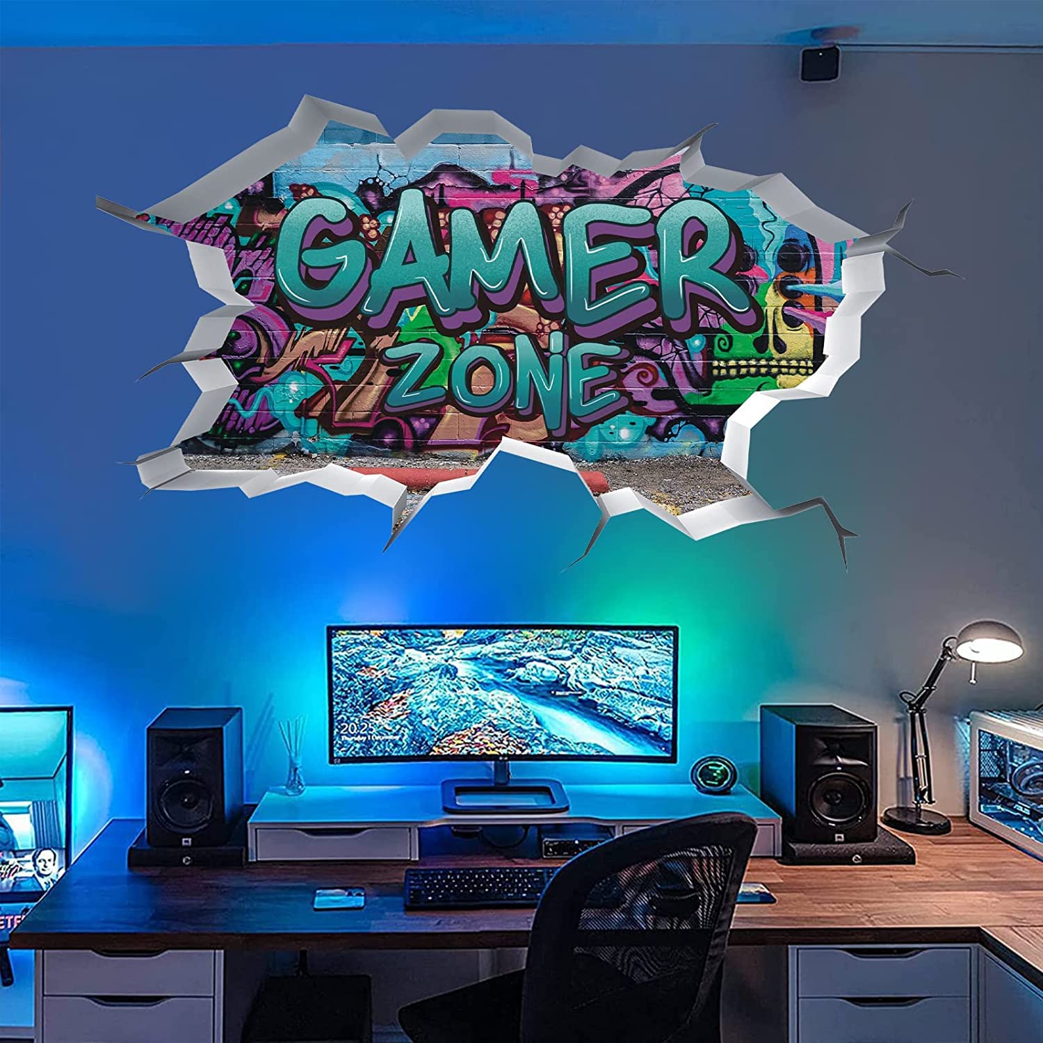 TOARTi Gamer Zone 3D Wall Stickers for Gamer Bedroom Accessories,Gaming Vinyl Wall Decal,Video Game Removable Wall Art playroom Decor for Teens (Blue)