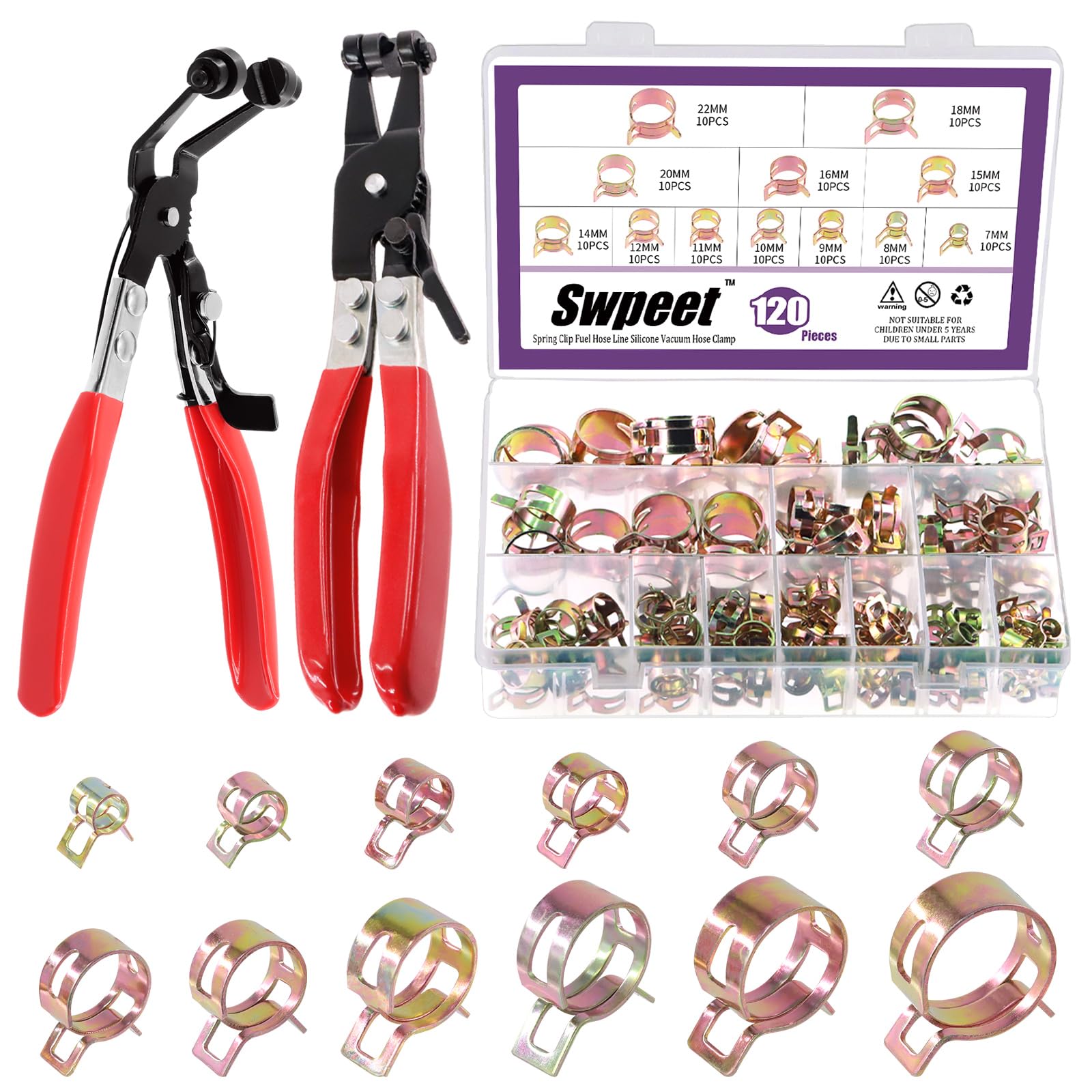 Swpeet 122Pcs 7-22mm Spring Band Hose Clamps with Swivel Flat and 45°Angled Flat Band Fuel Hose Clamp Plier Kit, Silicone Vacuum Hose Action Pipe Clamp Low Pressure Air Clip Clamp for Hose Clamps