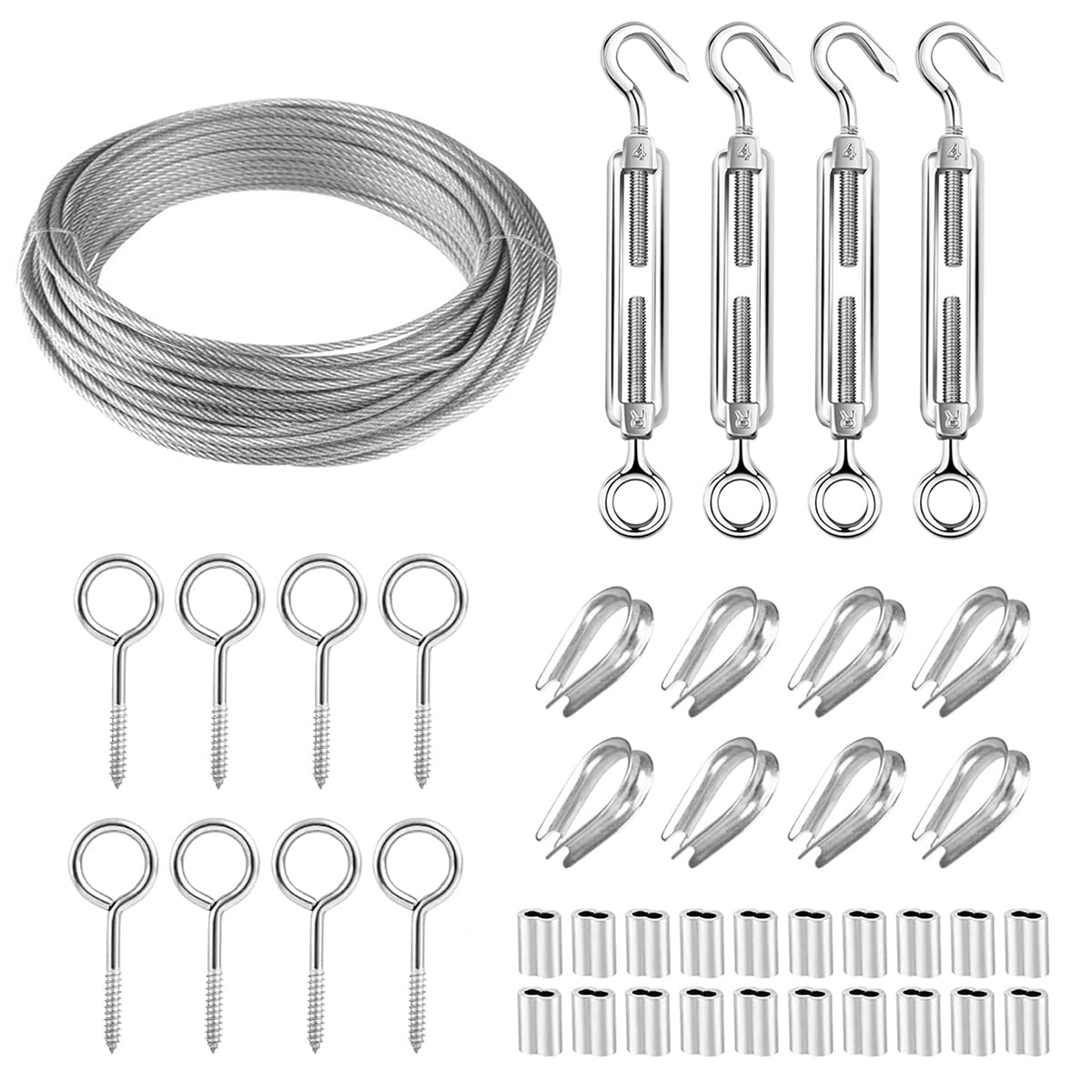 YOCZOX 30M/3mm Garden Wire Rope Kit Stainless Steel Cable Wire Rope, Heavy Duty Turnbuckle Rope Tensioner Kit for Climbing Plants, Outdoor String Lights, Fence,Party Decoration