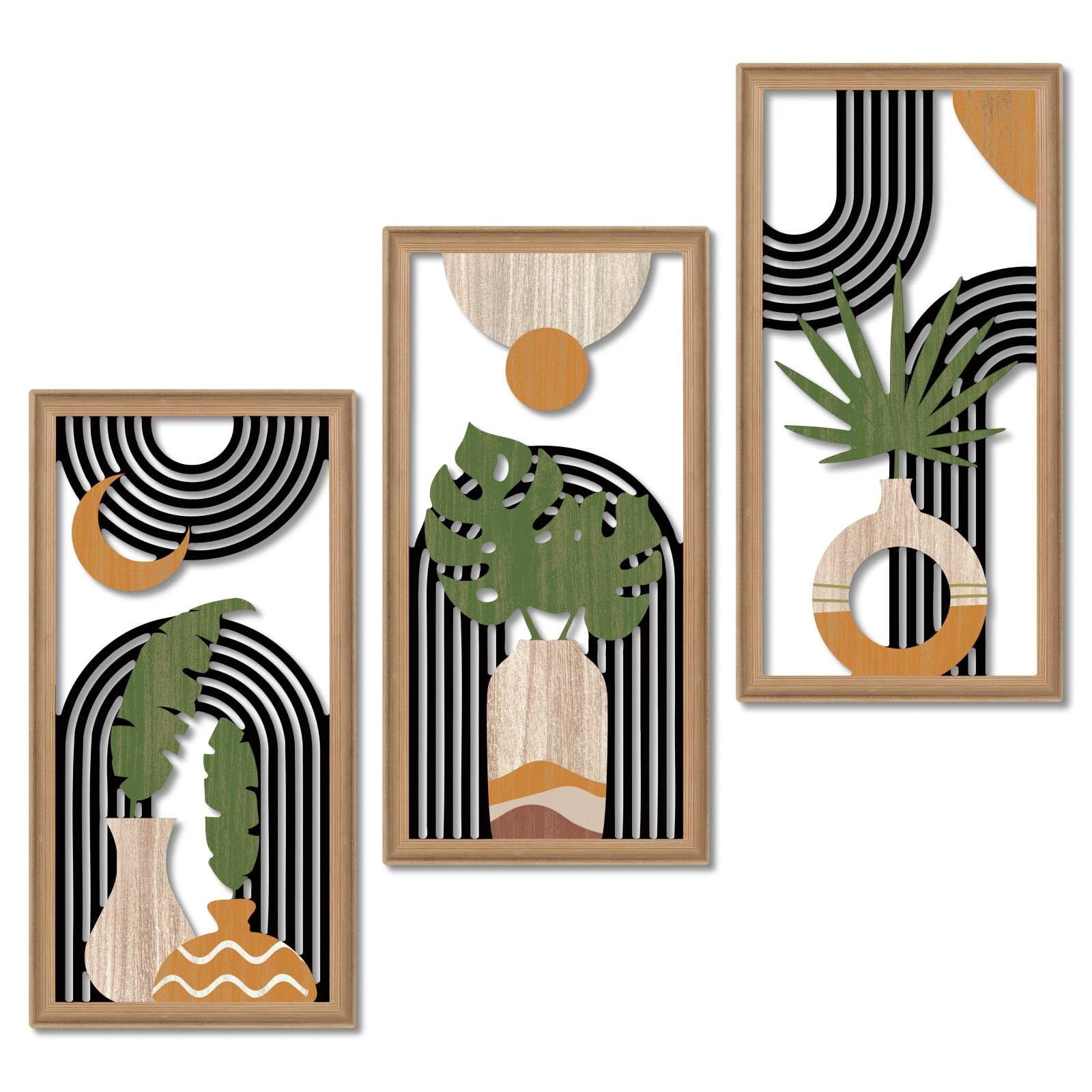 Photo 1 of Putuo Decor Boho Abstract Wall Art Set of 3, Modern Minimalist Wooden Wall Decor, Geometric Aesthetic Botanical Artwork, Mid-Century Modern Design for Living Room, Bedroom, Office, Black 16.5 x 8.6