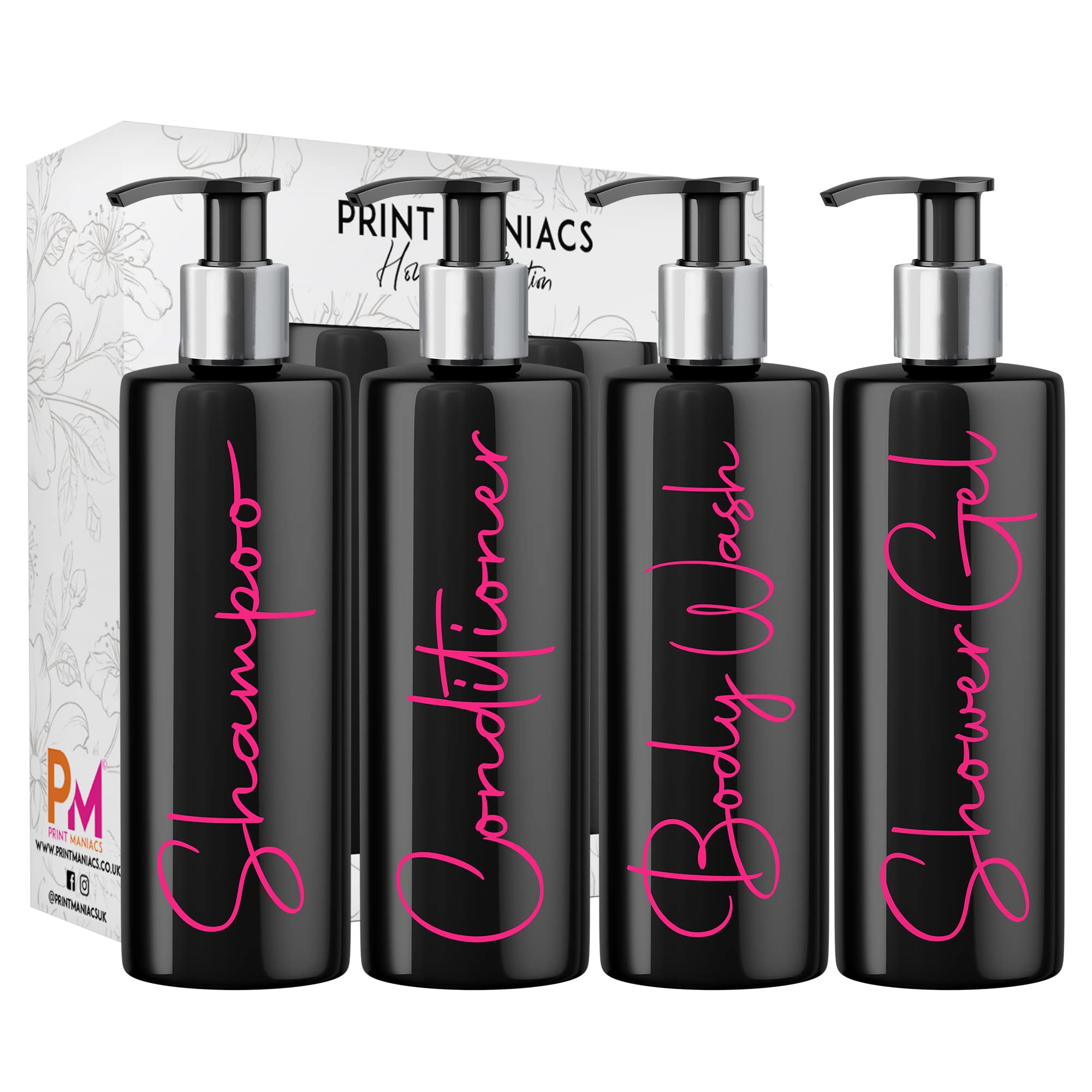 Print Maniacs Mrs Hinch Inspired Black Personalised Dispenser Silver Pump Bottles Shower Gel Set (PINK,F2)