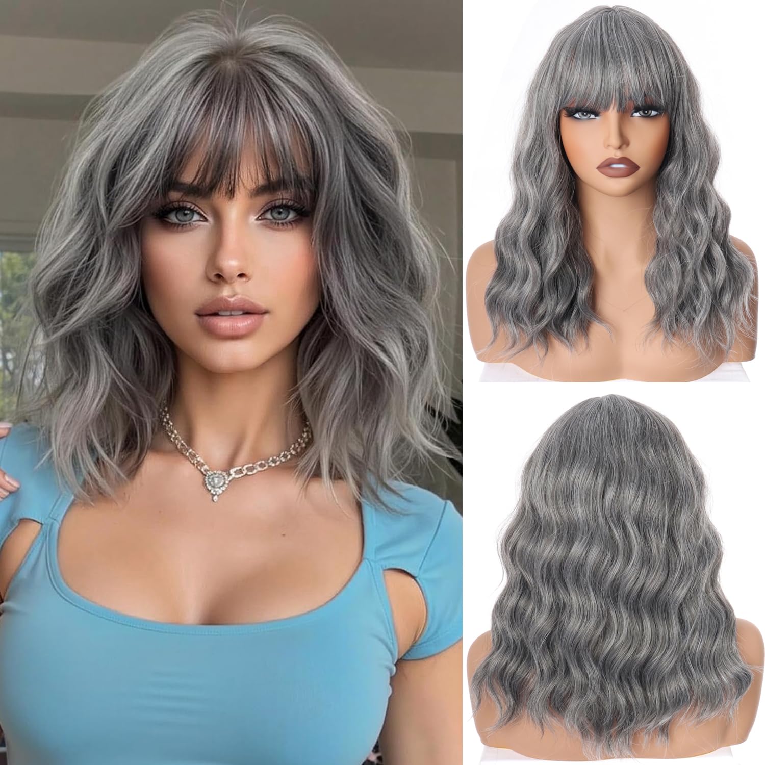 PORSMEER Short Grey Salt color Wig Pastel Wavy Bob Wig with Fringe Natural Looking Synthetic Hair Wigs for Women Party Or Daily Wear 14inch,Natural Salt & Pepper Look