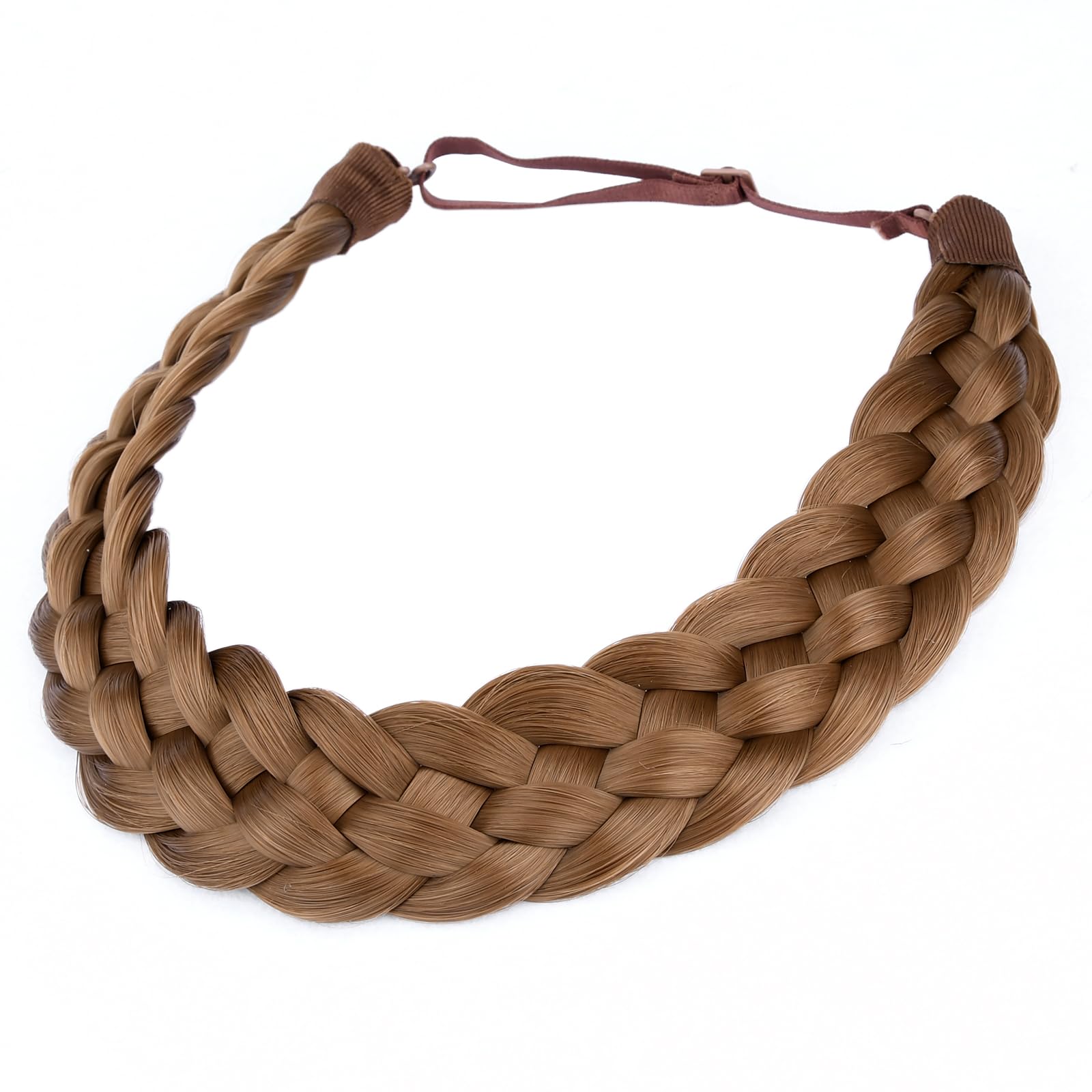 BOBIYA 5 Strand Synthetic Hair Braided Headband Classic Chunky Wide Plaited Braids Elastic Stretch Hairpiece for Women Girl (Medium Brown)