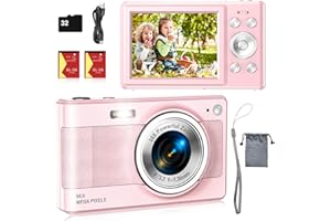 SECHKISS Upgrade Digital Camera, 56MP FHD 1080P Camera for Kids with 16x Zoom Anti Shake, Kid Camera with 32GB TF Card, Two Batteries, Lanyard, Compact Small for Kids Boys Girls（Pink）