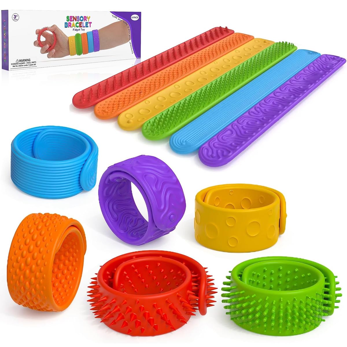 6 Pcs Wearable Sensory Slap Bracelets, Textured Silicone Fidget Toys for Autism & ADHD Anxiety Relief, Calming Toys for Kids & Adults, Travel Airplane & Office Desk Essentials