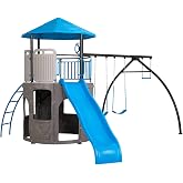 Lifetime Adventure Tower Outdoor Playset with Swings, Climbing Wall and 9-Foot Wavy Slide, Blue, Model 90918