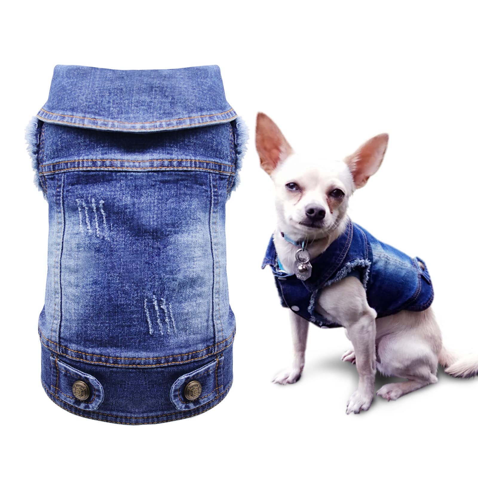 SILD Pet Clothes Dog Jeans Jacket Cool Blue Denim Coat For Small Medium Dogs Lapel Vests Classic Hoodies Puppy Blue Vintage Washed Clothes (L)