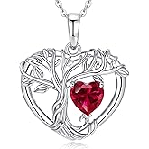 LOCIBLO Tree of Life Necklaces for Women 925 Sterling Silver Heart Pendant Birthstone Necklace Created Gemstone Jewelry for Her, 18"+2"