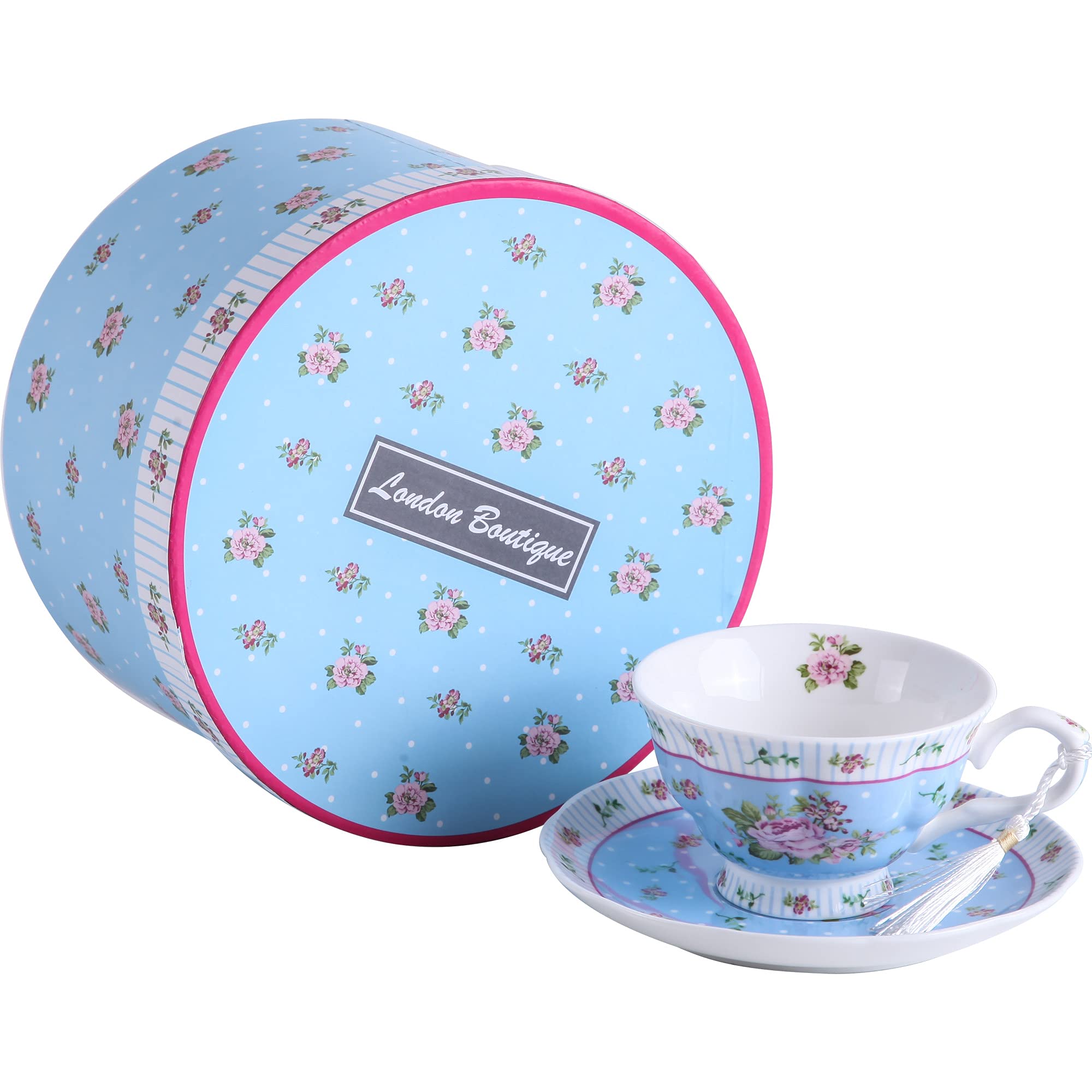 London Boutique Luxury New Bone China Tea Cup and Saucer Set – Vintage Floral Design – Elegant Afternoon Tea Coffee Cup – Gift Box (220ml) (Rose Blue 1pc Set)
