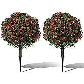 Set of 2 24" Artificial Boxwood Topiary Ball Trees with Red Rose & Ground Spike UV Resistant Fake Evergreen Faux Plant for Front Porch,Garden and Yard (Green & Red)