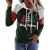 Merry Christmas Buffalo Plaid Tree Striped Splicing Hoodie Shirt Blouse for Women Christmas Color Block Plaid T-Shirt Top