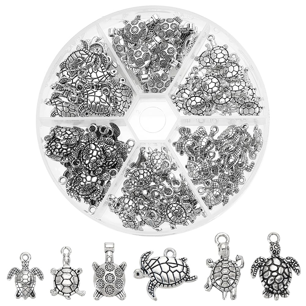 PH PandaHall 90 pcs 6 Styles Tibetan Style Sea Turtle Shape Alloy Pendants Charm Spacer Beads for Bracelet Necklace Jewellery DIY Craft Making, Antique Silver