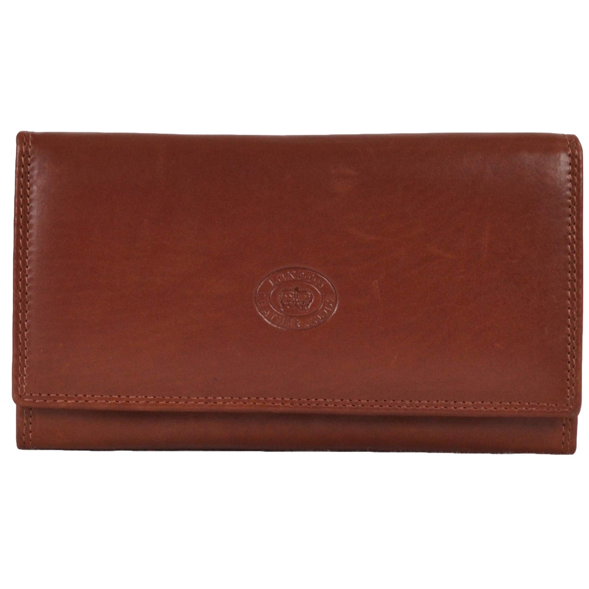 Ladies Soft Real Nappa Leather Long Flap-over Purse with Inner Flap pockets (Mid Brown)