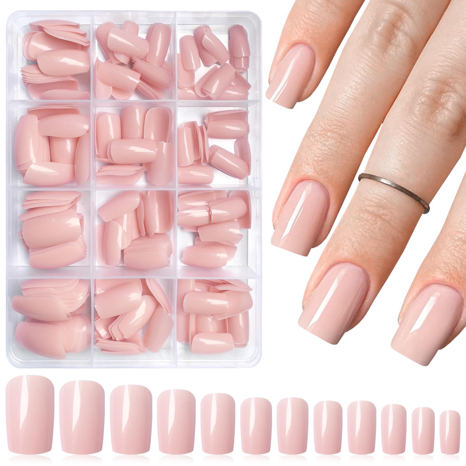 LoveOurHome 240pc Nude Press on Nails Medium Square Fake Nails Press ons Square Nail Tips Gel False Nails Colored Presson Artificial Fingernails & Glue Adhesive Tabs Women Girls Manicure Decor
