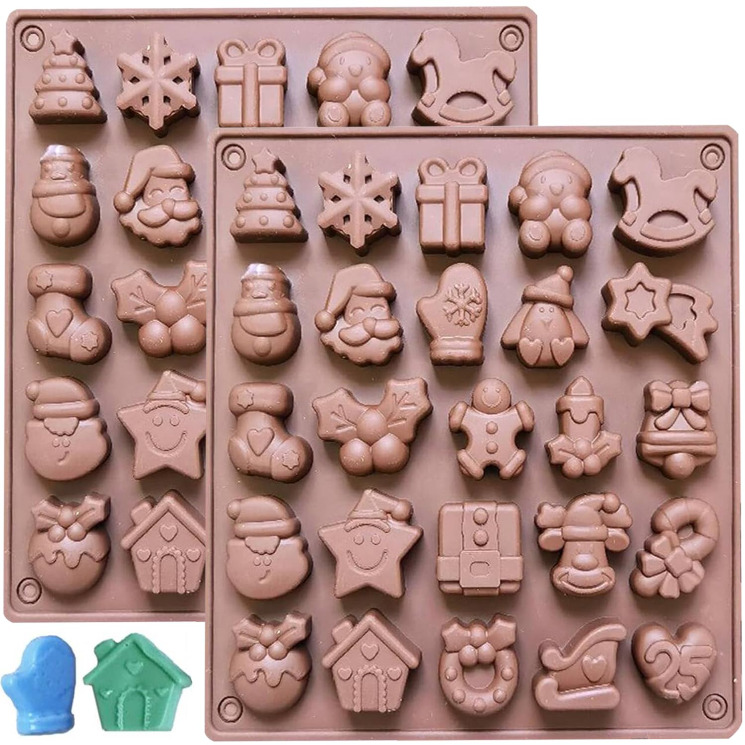 Christmas Chocolate Moulds, 2PCS Silicone Candy Molds DIY Baking Trays with Christmas Themed Shapes for Chocolate, Gummy, Cookies, Jelly, Biscuits Making for Xmas Party Deco