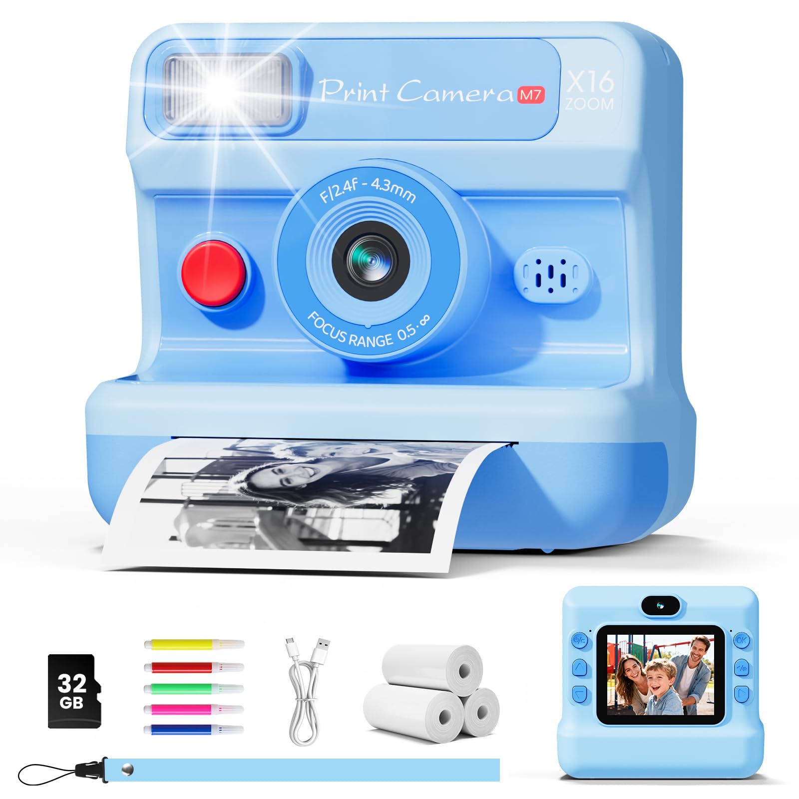 CalineGam Kids Camera Instant Print, 1080P HD Instant Print Camera for Kids with 32GB Card & 3 Rolls Paper, Dual-Lens Selfie Digital Toy, Christmas Birthday Gifts for Girls and Boys Age 3-12