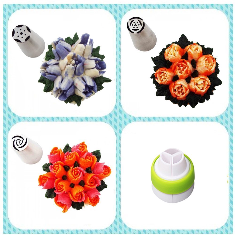Srasi Russian Piping Tips Nozzles Premium Pastry Cake Decorating Tool Set of 8(6 Russian Tips 1 Reusable Tissue Pastry Bags 1 Tri-Color Coupler)