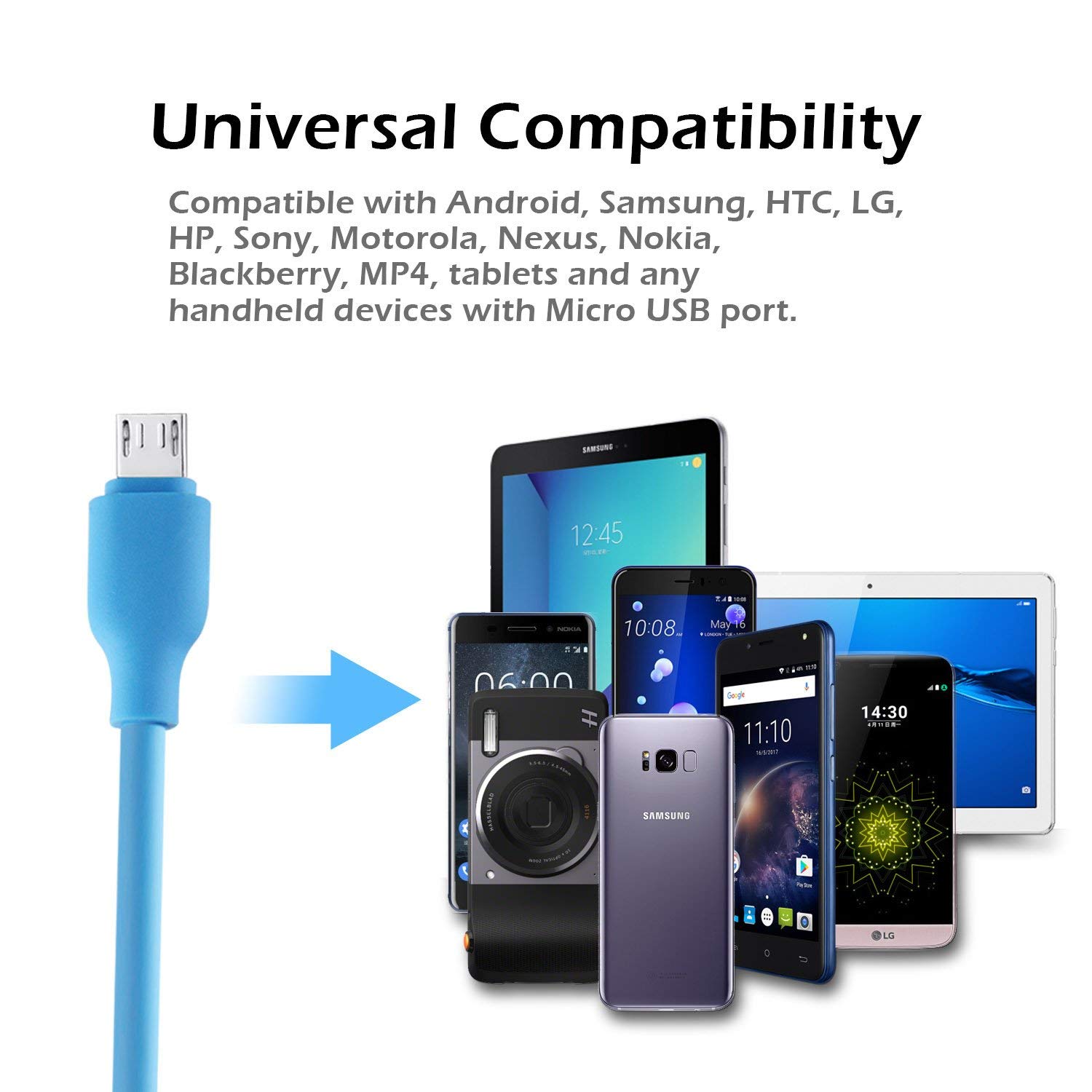 HAMSWAN Cable Charger 1M Micro USB Cable Soft Flexible Antifreeze Anti-pulls Tangle-free High Speed Sync and Charging Cable for Android Samsung HTC Nokia Sony and more (Blue)