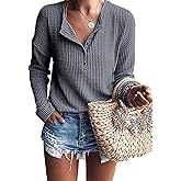 WNEEDU Women's Waffle Knit Tunic Tops Loose Long Sleeve Button Up V Neck Henley Shirts