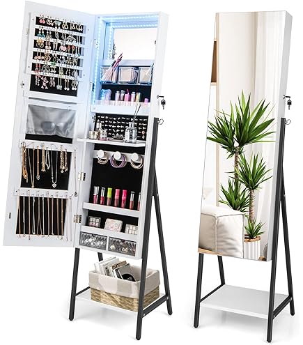TJYGO 360° Swivel Jewelry Cabinet With Mirror & LED Lights - Lockable Standing Armoire Organizer