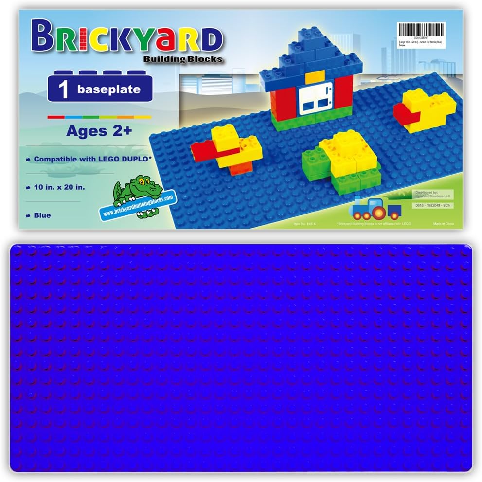 Brickyard Building Blocks Large 10 x 20 inches Compatible Baseplate for Large Building Blocks, Blue Plastic Base Plate - Fits Large Blocks - for Table or Displaying Construction Toy Blocks (Blue)