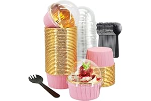 Cupcake Liners And Wrapers With Lids 50 Pack,LNYZQUS 5.5 Oz Large Foil Muffin Tins Or Liners,Disposable Baking Cups, Cupcake Wrappers Holders For Wedding Valentine-Pink in gold
