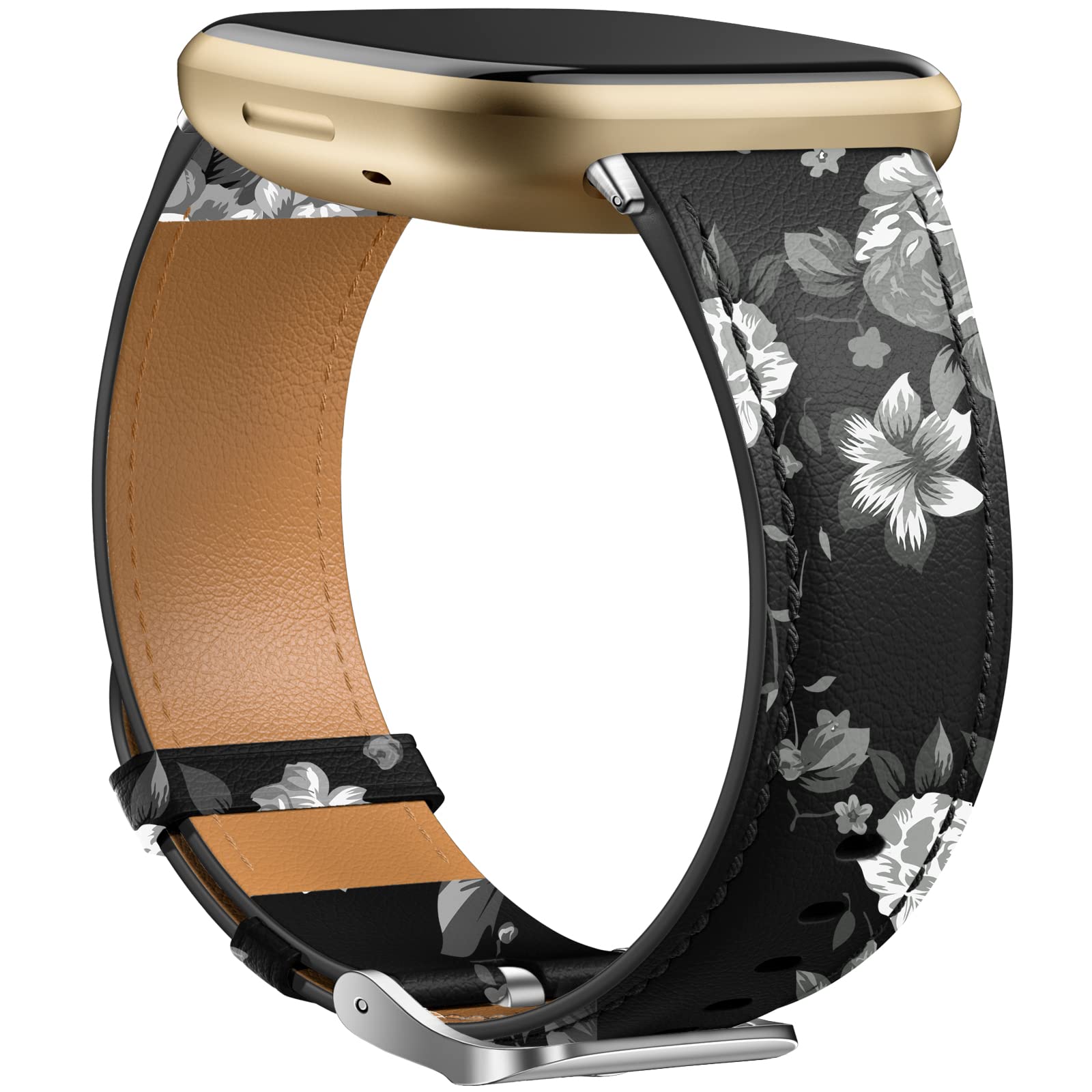 Dirrelo Compatible with Fitbit Versa 3 Strap - Fitbit Versa 4 Straps for Women Men, Genuine Leather Elegant Band Compatible with Fitbit Sense 2/Sense Strap, Black/Gray Floral