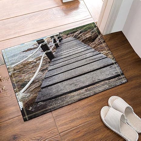 Amazon Amxxy 木の装飾木の板海辺の岩の上のパス敷物滑り止め玄関床出入り口屋外屋内玄関ドアマット子供バスマット15 7x23 6inバスルームアクセサリー Amxxy ホーム キッチン