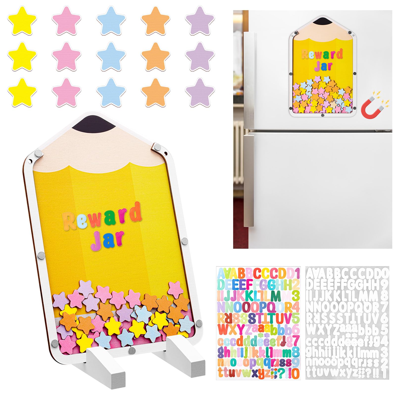Photo 1 of 107 Pcs Pencil Magnetic Reward Jar Classroom Large Reward Jar for Kids with Wooden Base Stars Letter Stickers for Classroom Prize System, Bulletin Board, Home Chore Chart, Positive Behavior Training