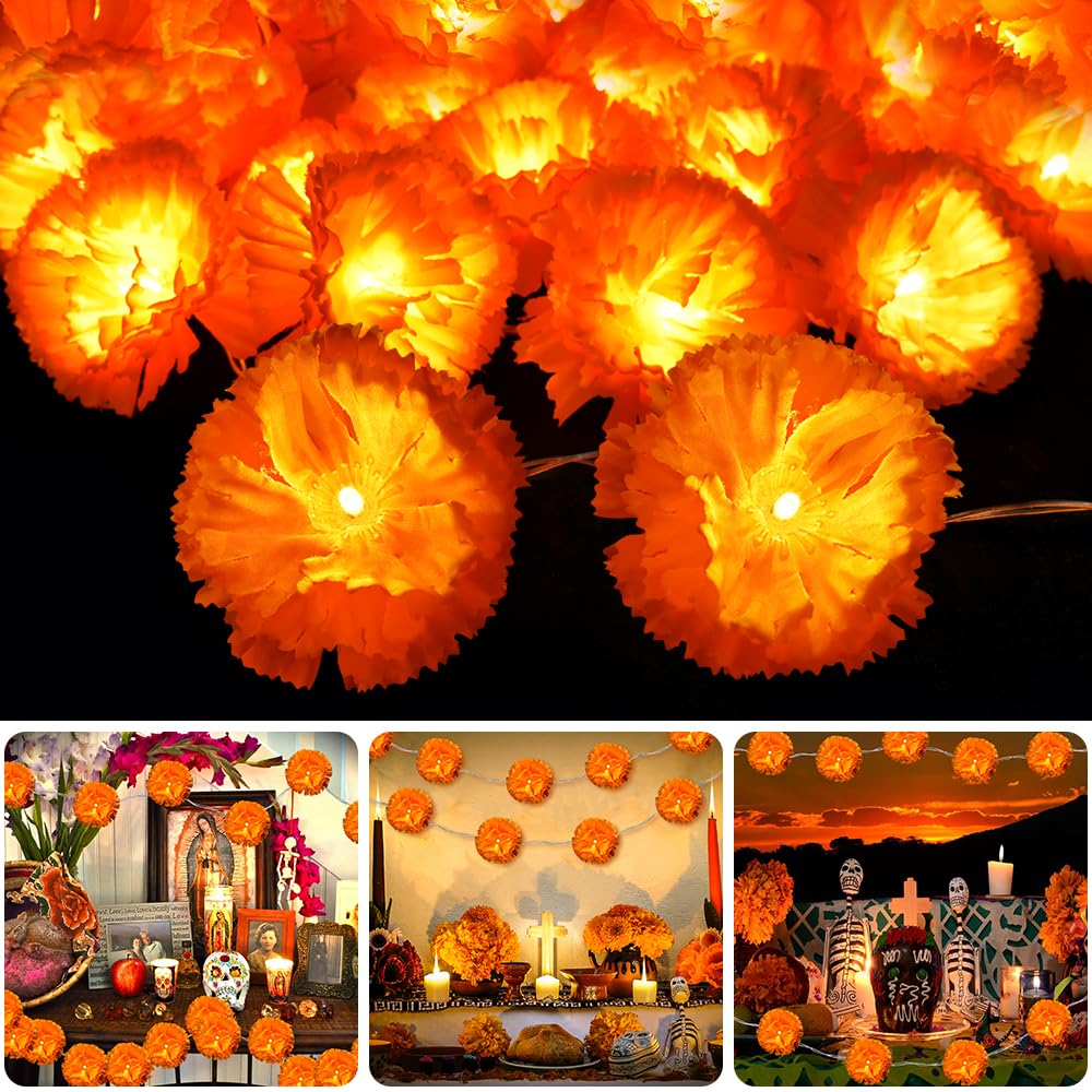 Photo 1 of BLOCE 1PCS Lighted Marigold Garland, 10 LED Artificial Marigold Flowers String Lights Dia de Los Muertos Decorations for Halloween Diwali Indian Party