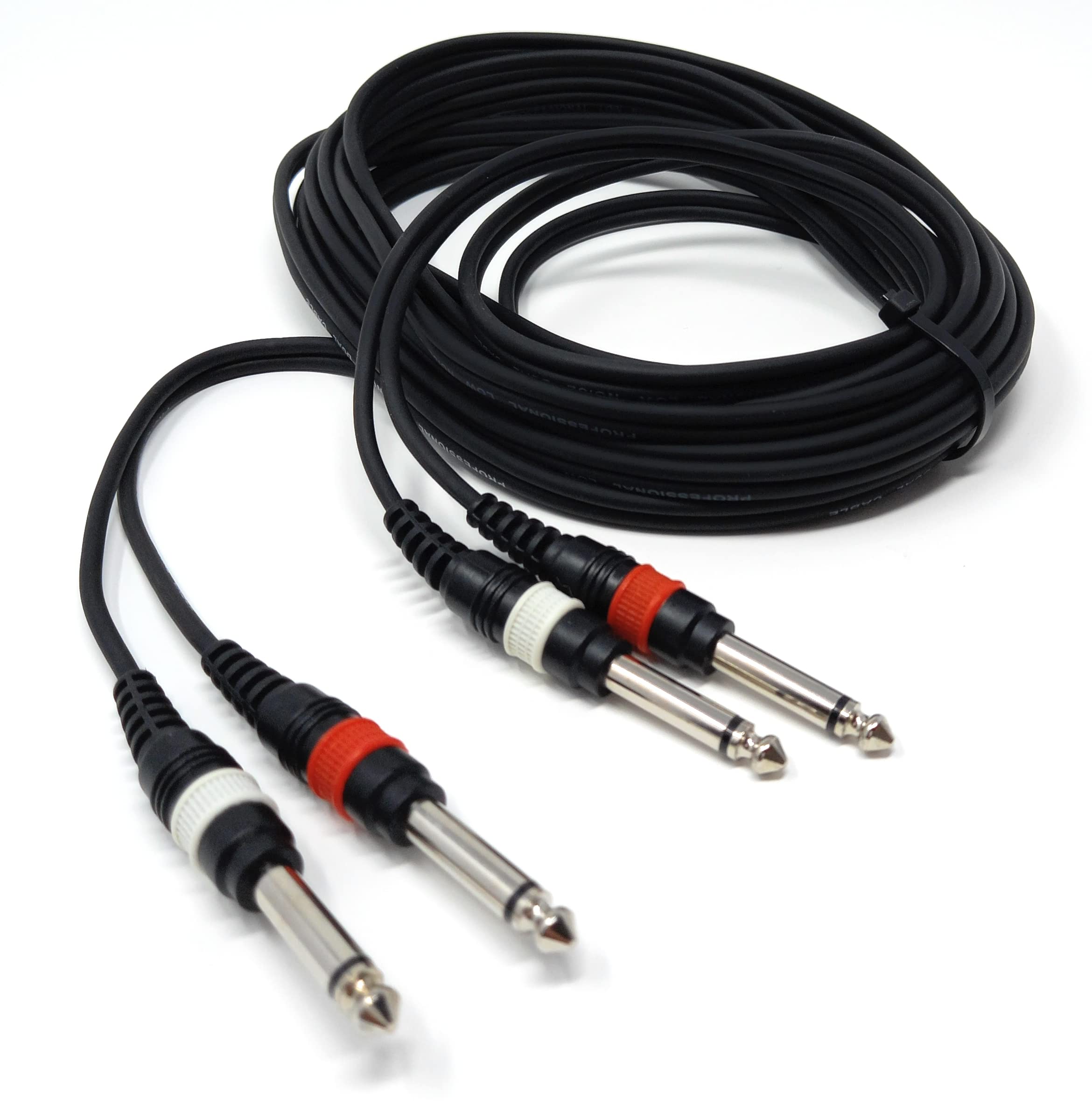 6m Twin 6.35mm Mono 2 x Jack to 2 x Jack Shielded Cable Lead, Rubber Reliefs, Helical PVC Cord, Nickel Connectors (20ft)