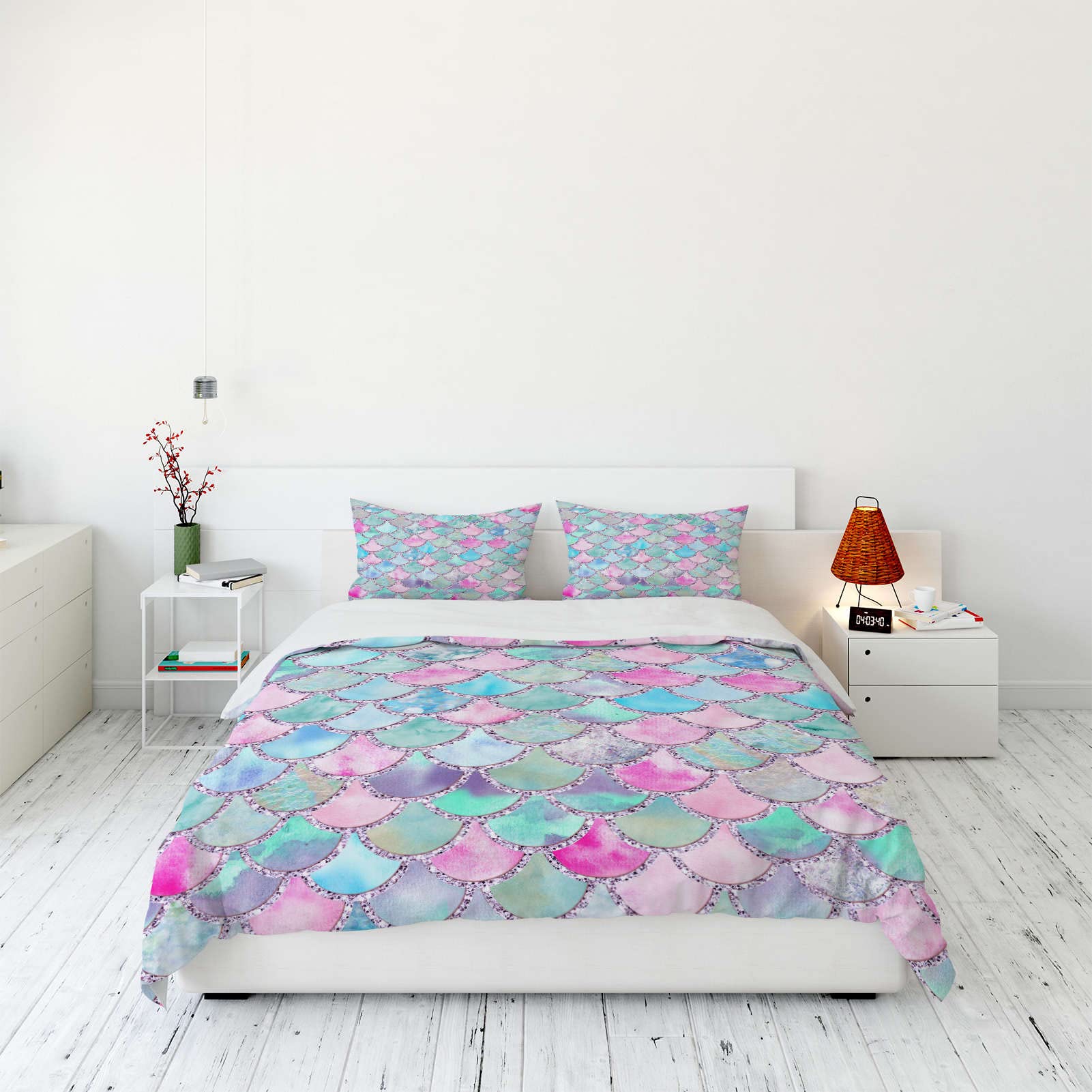 YUANZU Mermaid Scales Bedding Set Double Size for Kids Adults Girls Duvet Cover Set 3 Pieces Fish Scales Geometric Printed Soft Microfiber Quilt Cover with Zipper Closure (200 x 200 cm & 2Pillowcase)