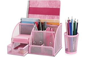 Flexzion Desk Top Caddy Organizer - Pink Office Desk Accessories Organizer and Storage - Metal Mesh Desk with 6 Compartments,