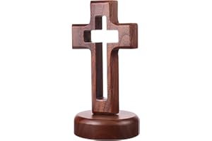 INOOMP Wooden Tabletop Cross with Base Stand, round Floral Design Wood Cross for Church Home Decoration