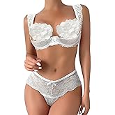Lilosy Sexy Underwire Floral Lace Sheer Lingerie Set for Women See Through Bra and Panty