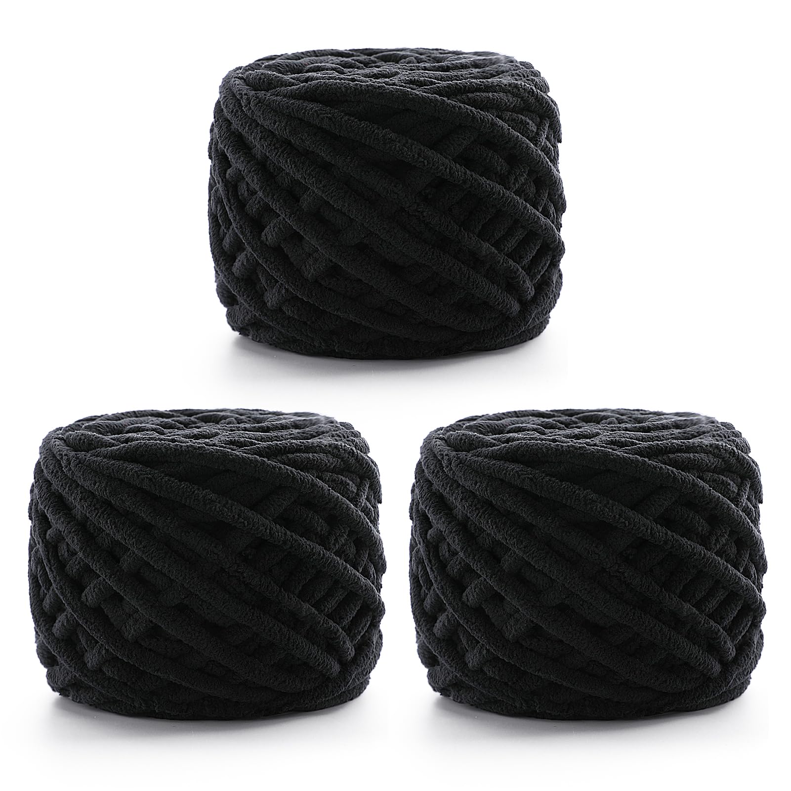 Photo 1 of 3 Pack Chunky Chenille Yarn for Crocheting, Fluffy Baby Blanket Yarn for Crochet Sweater Shawl Scarf Gloves, Super Soft Amigurumi Plush Yarn 222 yds/10.5 Oz (Black)