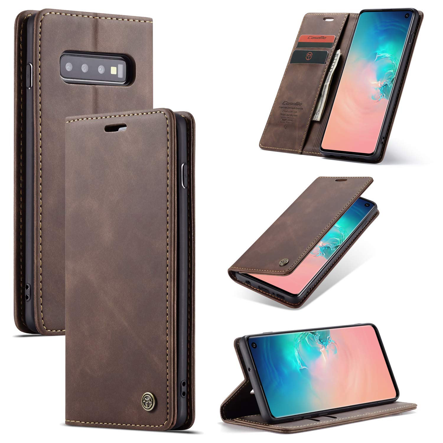 QLTYPRI Case for Samsung Galaxy S10, Vintage PU Leather Wallet Case Card Slot Kickstand Magnetic Closure Shockproof Flip Folio Case Cover for Samsung Galaxy S10 - Coffee Brown