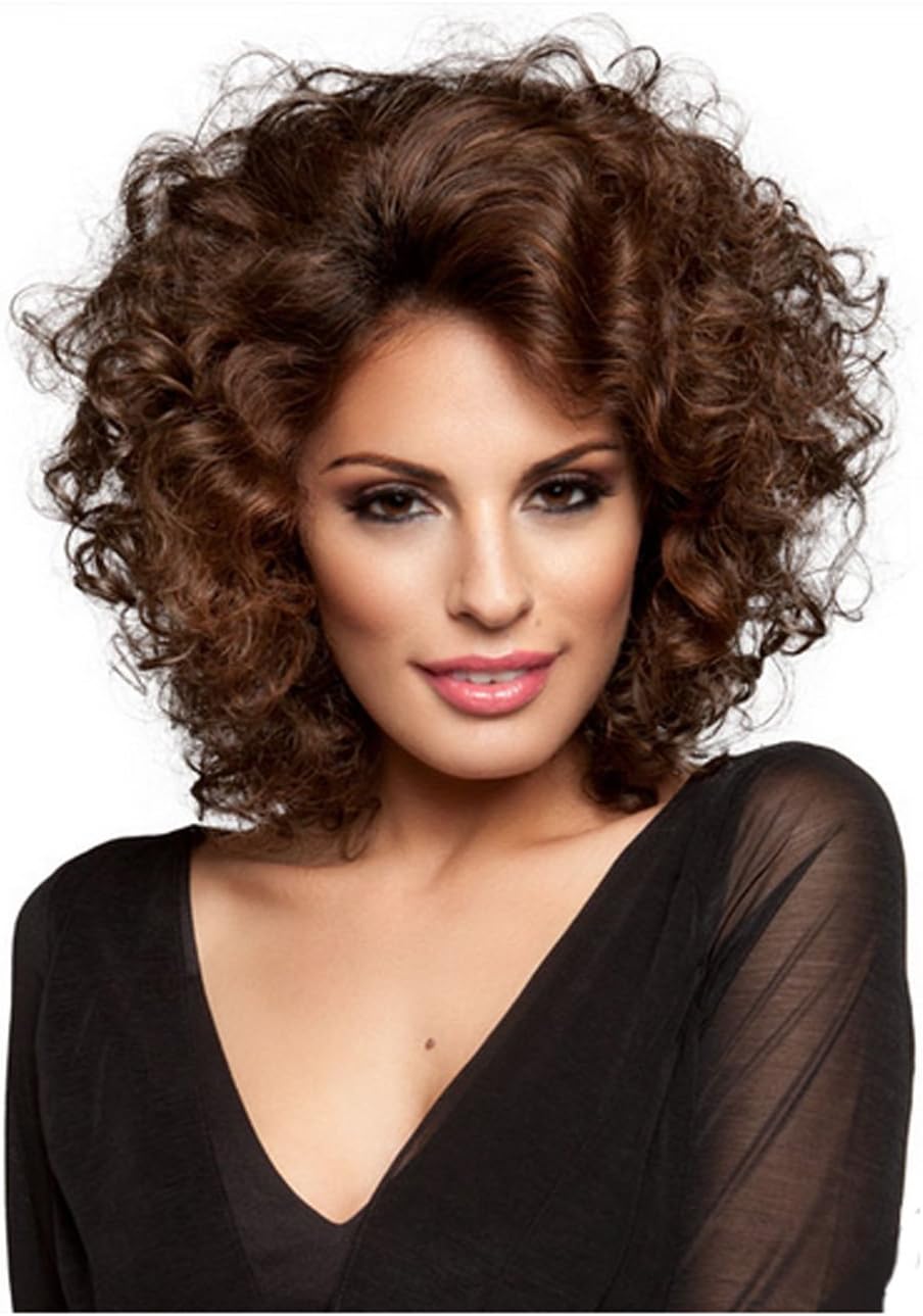 ShowPower Western Sexy Shoulder Length Chocolate Rooted Medium to Dark Brown Base with Light Reddish Brown Highlights Curly Party Hair Wig