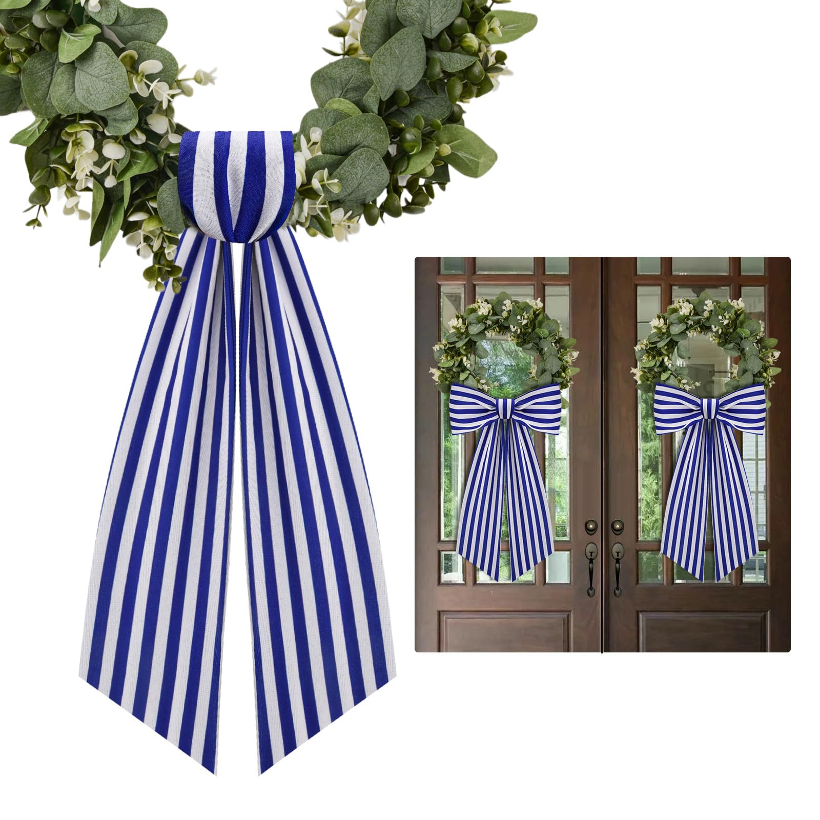 Photo 1 of 2 Pack Stripe Boxwood Wreath Sash Garland for Front Door Porch Decor (Blue and White Stripe)