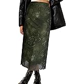 Avanova Women Midi Skirt Floral Boho Fall Summer Mesh High Waisted Maxi Long Skirts Floral Green R Medium