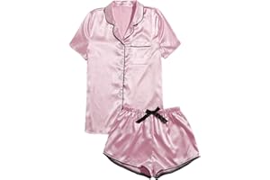 WDIRARA Women's Sleepwear Satin Short Sleeve Shirt and Shorts Pajama Set