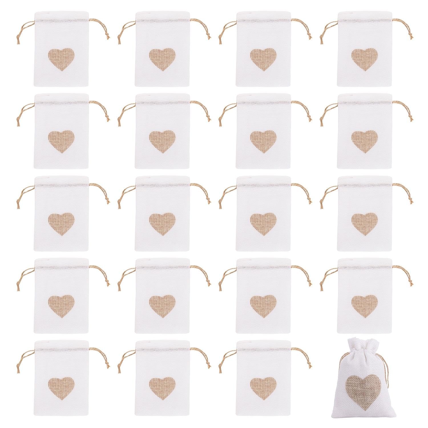 20 Pieces of Heart-Shaped Printed Drawstring Bags, Small Item Storage Bags, Linen Bags with Drawstrings, Jute Gift Bags, Jewelry Bags (8 * 10Cm)