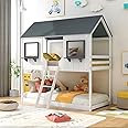 Polibi Twin Over Twin Low Bunk Bed, Wooden House Bed with Roof, 2 Front Windows, 2 Small Shelves, Ladder and Guardrail, White