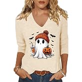 Women's Fall Halloween V Neck Shirt, Hocus Focus Graphic Tee | 3/4 Sleeve, Vintage, Funny Family Party Matching,Casual Holiday Tops,Spooky Season Tee