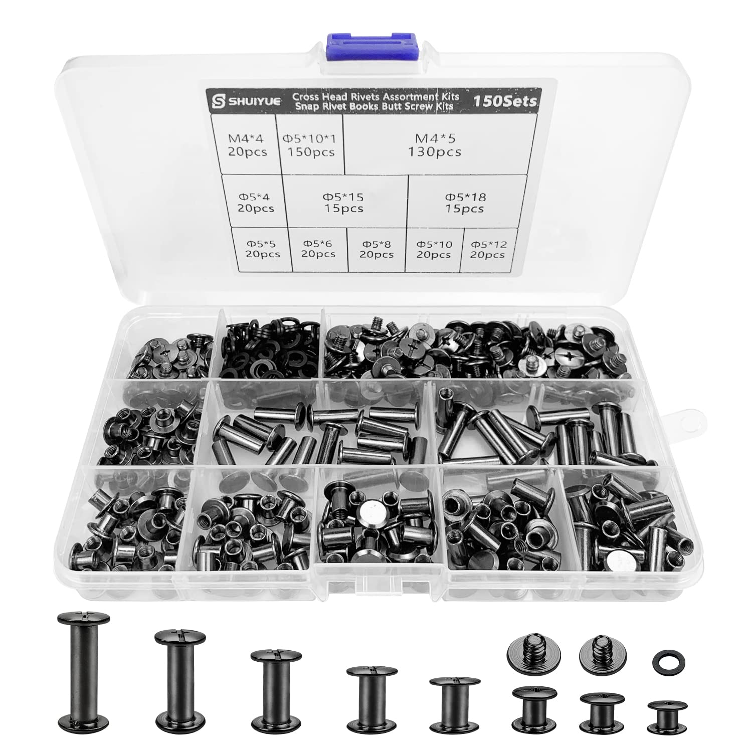 150 Sets Carbon Steel Screw Rivets, Leather Rivets Kit(8 Sizes), Chicago Button Tack Screw, Flat Head Screw Rivets Buttons,Book Binding Screws & Posts For Diy Leather,Book,Photo Album(Black)