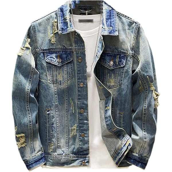 Men's Ripped Denim Jacket Tight Elastic Retro Distressed