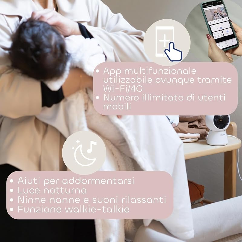 Zen Smart AI, Telecamera Aggiuntiva Per Baby Monitor Video 360° Full QHD 4MP, Intelligenza Artificiale, Rilevamento Rotolamento, Visione Notturna, App Mobile, Interfono, VOX, Luce Notturna