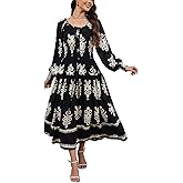 OSTOO Women's 2025 Casual Long Sleeve Square Neck Smocked High Waist Flowy Maxi Dress,Boho Tiered Beach Party Dress