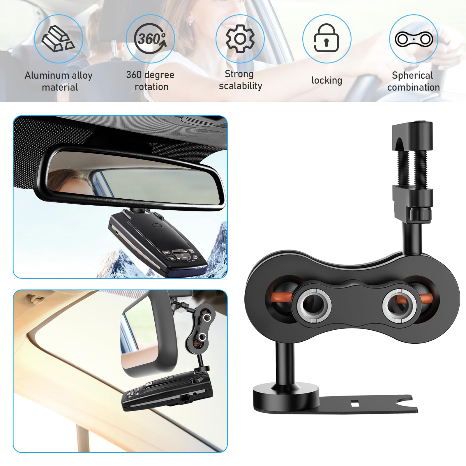 Radar Detector Mount,Aluminum Rearview Mirror Rod Radar Bracket,for Escort / Beltronics Vector / Rocky Mountain Phantom-T Radar