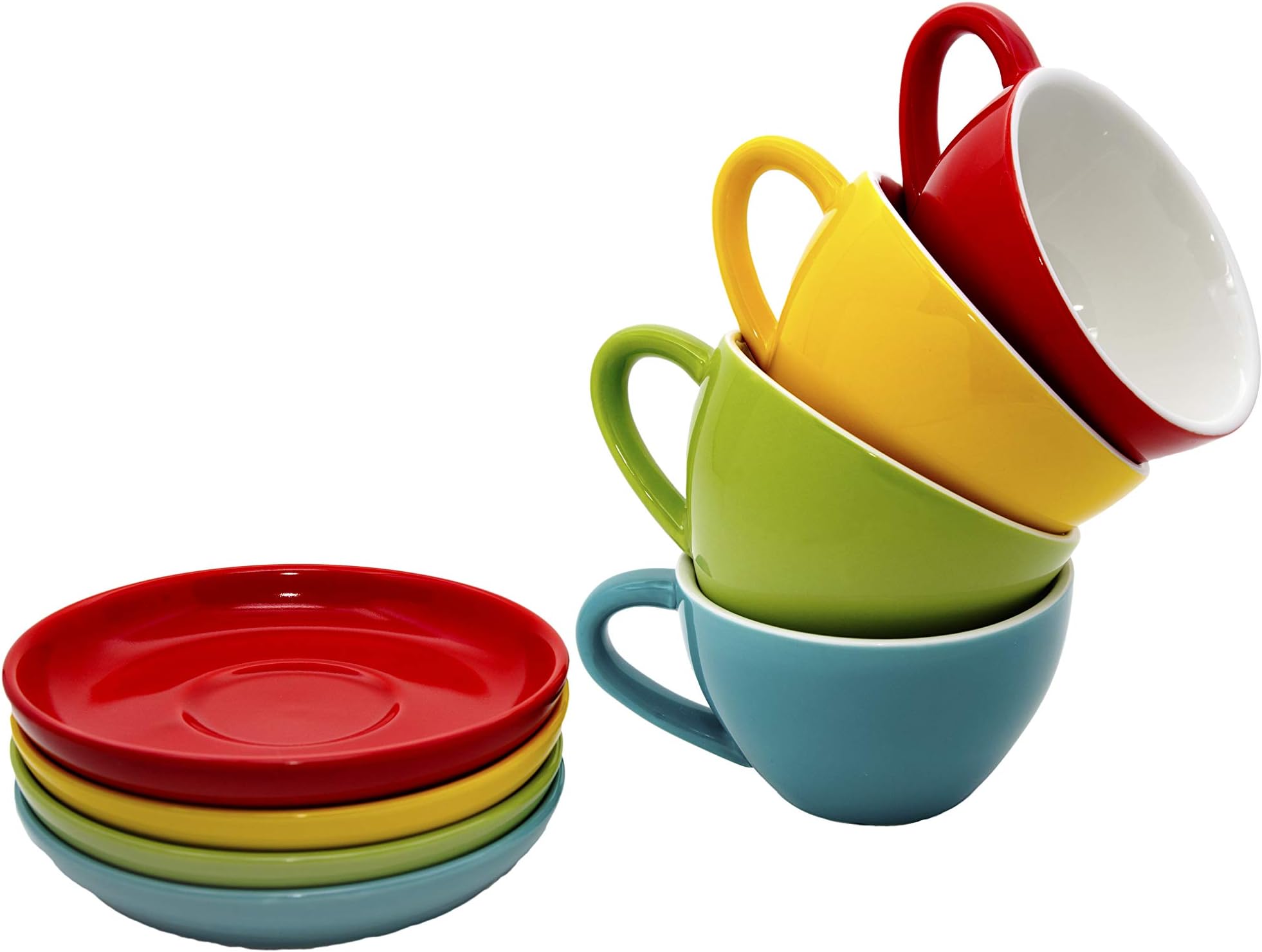 Cappuccino Cups and Saucers, Set of 4 Assorted Vibrant Colors, Durable Porcelain 8 Ounce Capacity for Specialty Coffee Drinks, Latte, Cafe Mocha